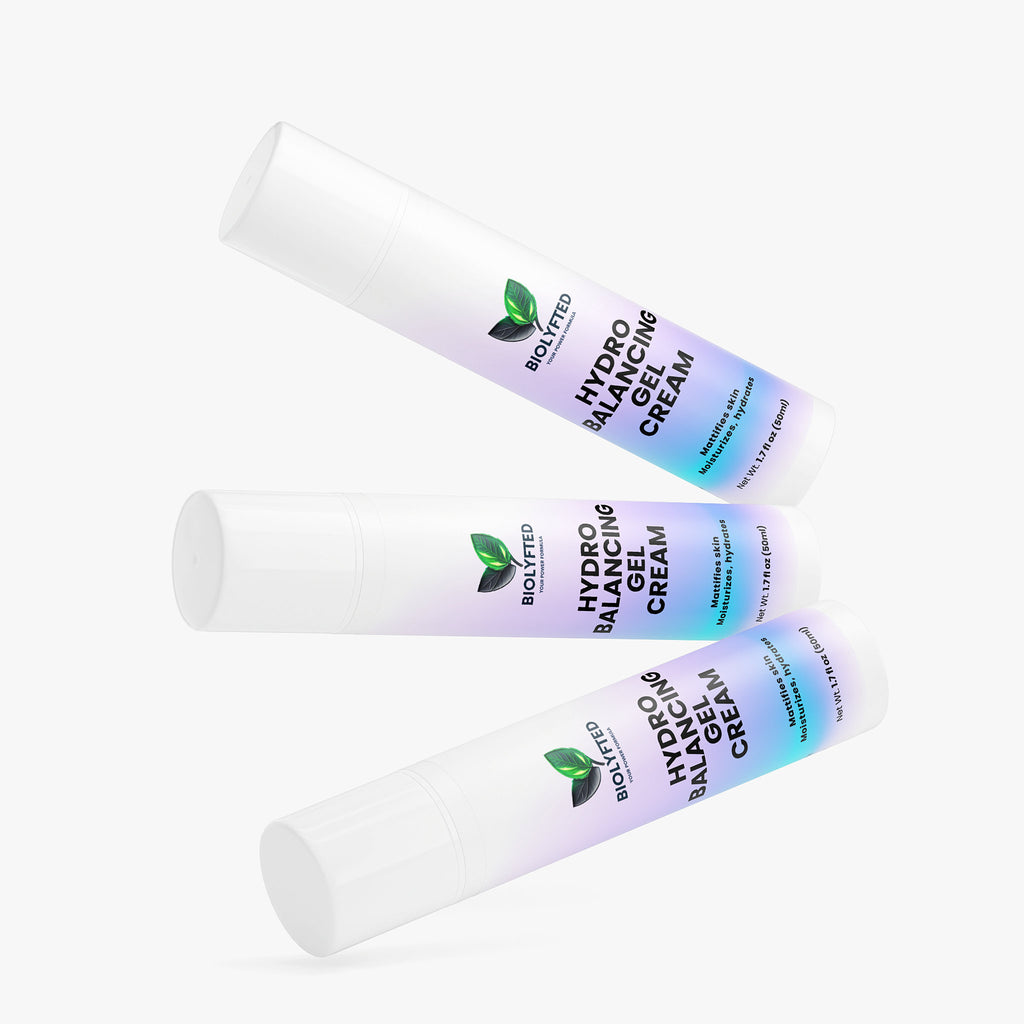 Three tubes of Biolyte Hydro Balancing Gel Cream on a white background