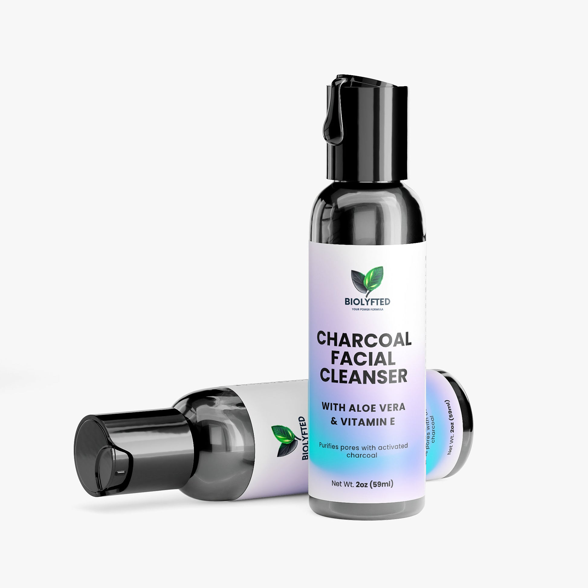 Bottle of Biolyfted Charcoal Facial Cleanser with Aloe Vera & Vitamin E on a white background